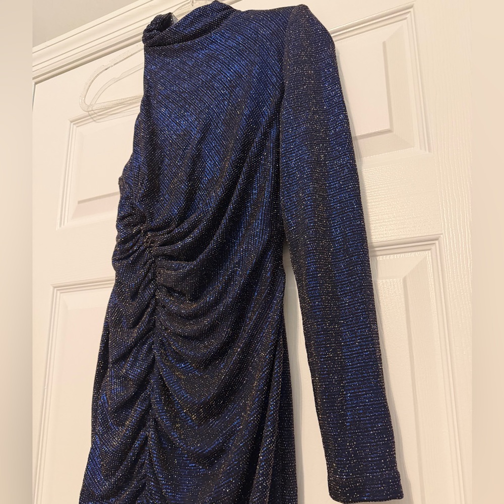 Elegant Blue maxi high slit Ruched Dress one shoulder